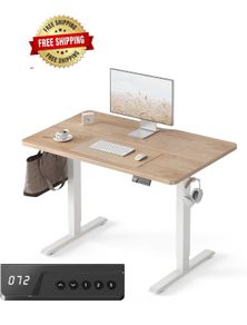 Electric Standing Desk 100 x 60 cm, Height Adjustable Sit Stand Desk with 3 Memory Presets, Home Office Computer Desk, White Frame with Oak Top