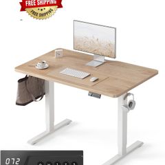 Electric Standing Desk 100 x 60 cm, Height Adjustable Sit Stand Desk with 3 Memory Presets, Home Office Computer Desk, White Frame with Oak Top