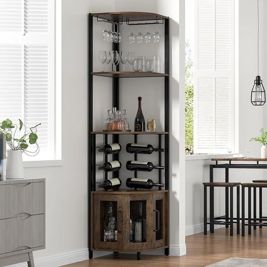 Corner Bar Cabinet with Glass Holder, 4 Tier Liquor Wine Cabinet with Metal Mesh Doors, Buffet Cabinet Wine Rack Cabinet with Anti-tip Kit for Home Coffee Bar Liquor and Wine Storage