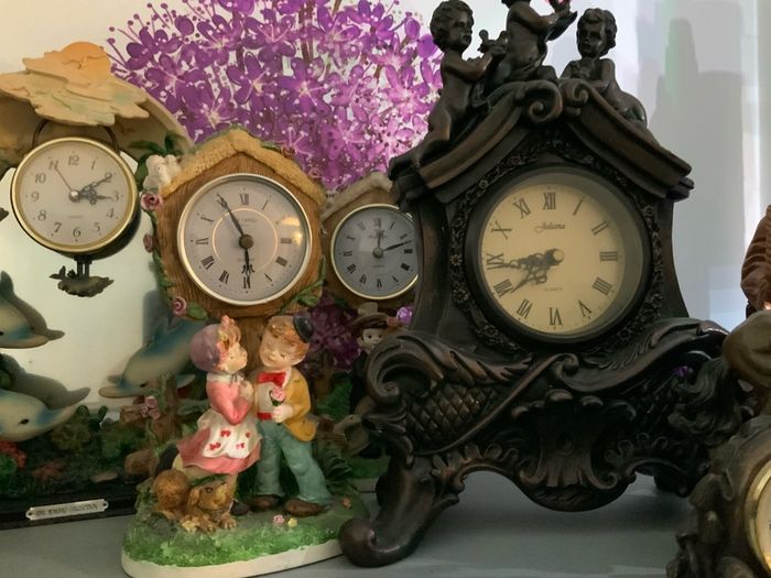 Clock, figures, Display Cabinet