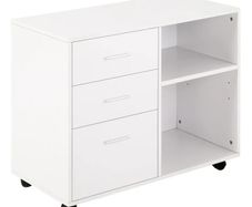 Freestanding Printer Stand Unit Office Desk Side Mobile Storage w/ Wheels 3 Drawers, 2 Open Shelves Modern Style 80L x 40W x 65H cm - White