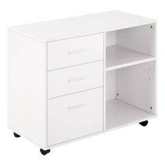 Freestanding Printer Stand Unit Office Desk Side Mobile Storage w/ Wheels 3 Drawers, 2 Open Shelves Modern Style 80L x 40W x 65H cm - White