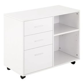Freestanding Printer Stand Unit Office Desk Side Mobile Storage w/ Wheels 3 Drawers, 2 Open Shelves Modern Style 80L x 40W x 65H cm - White