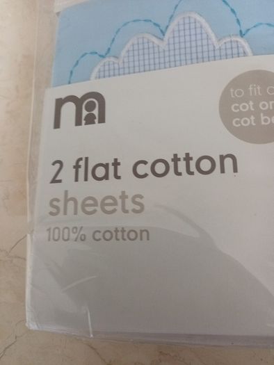 Mothercare  2 Flat Cotton  Sheets. Fit : Cot or Cot Bed. B.N.W.T