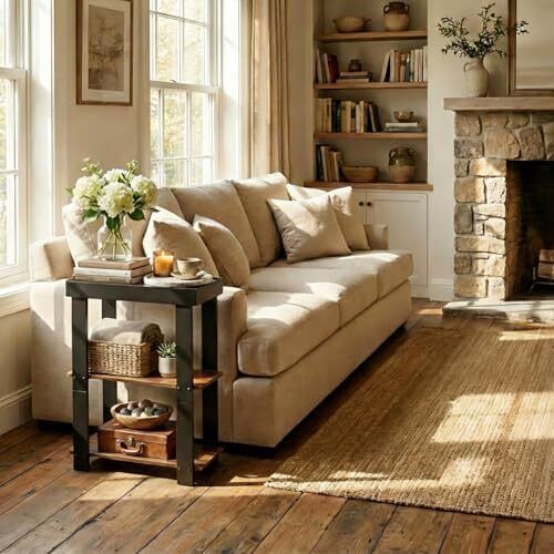 Side Table, 3-Tier Side Table, Rustic Farmhouse Narrow End Table with Storage, Slim Table Nightstand for Small Spaces, Bedroom or Living Room (Rustic Brown)