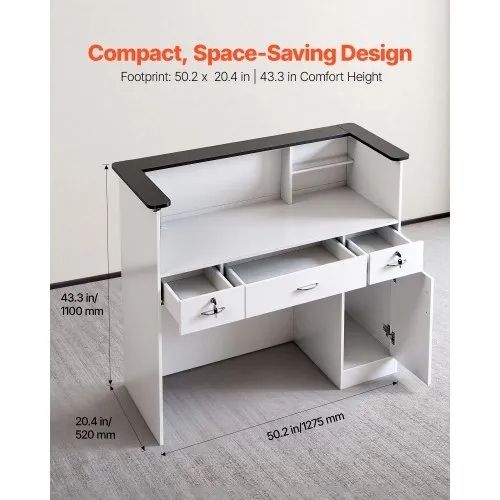 Reception Desk, 127.5cm Rectangular Front Counter Table, Modern Office Reception Desk with Light Strip, 3 Drawers & Storage Cabinets, Retail Counter Table