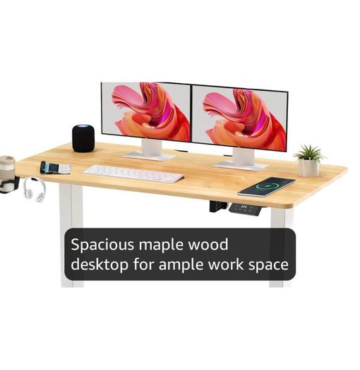 Electric Standing Desk 110x54 One Piece Height Adjustable Desk With Memory Smart Panel Sit Stand Table With Hooks for Home Office, Maple