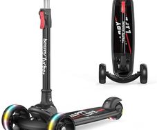Kids Scooter - Big Wheels Foldable Kick Scooter with Flashing LED Lights for Boys Girls, 4 Levels Height Adjustable, 3 Wheel Scooter for Kids Ages 3-10 with Safe Lean to Steer Design