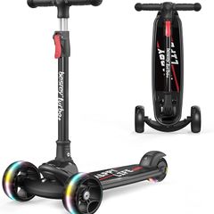 Kids Scooter - Big Wheels Foldable Kick Scooter with Flashing LED Lights for Boys Girls, 4 Levels Height Adjustable, 3 Wheel Scooter for Kids Ages 3-10 with Safe Lean to Steer Design