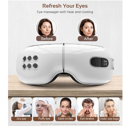 Eye Massager with Cooling Heat, Rechargeable Eye Massager with Smart Vibration Compress, Relieves Tension Improves Sleep