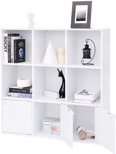 _bookshelf, bookcase, free-standing DVD shelf, storage shelf, standing shelf, for living room, bedroom, children's room, office, with 3 doors, white