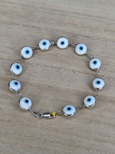 Sterling Silver Evil Eye Glass Charm Bracelet