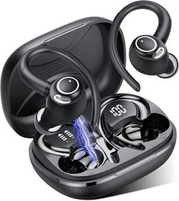 Sports Wireless Earbuds with EarHooks HiFi Stereo Sound with ENC Mic, Black