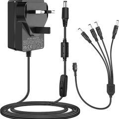 CCTV Camera Power Supply, 12V 2A with 1-to-4 Way Power Splitter Cord, 100-240V AC to DC 12Volt Adapter Compatible with 12V 2A/1.5A/1A Security Cameras