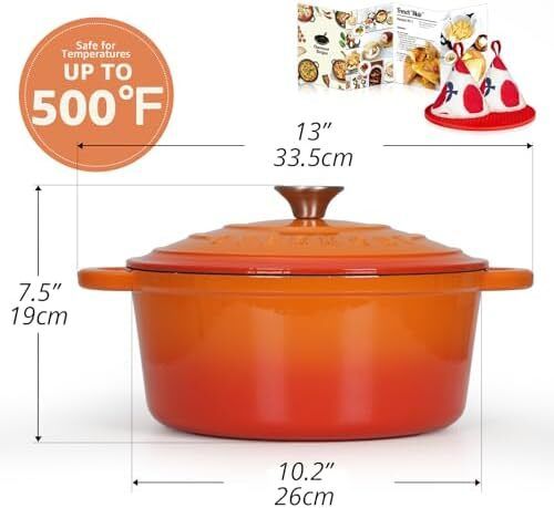Enamelled Cast Iron Round Casserole Pot With Lid Non-stick Dutch Oven Cookware for Braising, Stews, Roasting, Bread Baking