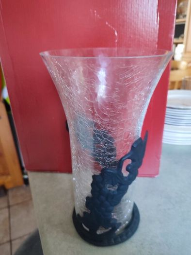 Vintage Art Nouveau  Clear Crackle Glass Vase (unmarked) w/ Ornate black metal Base / Holder.
