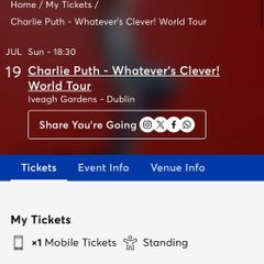 Charlie Puth standing ticket - 19th July Iveagh Gardens