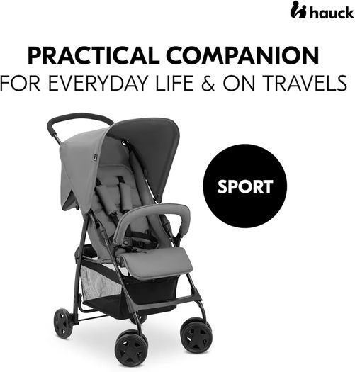 Grey - Super Lightweight Travel Pushchair with Raincover (only 5.9 kg) Compact & Foldable, Fully Reclining, XL Storage Basket, from Birth up to 15 kg