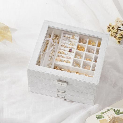 Jewelry box with drawers and glass lid White