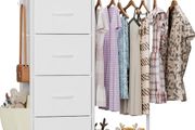 Chest of Drawers with Retractable Hanging Rail and 4 Fabric Drawers  Small Narrow Wardrobe for Bedroom, Hallway, Children's Room, Space-Saving Linen Cupboard with Shoe Shelf, White, 110cm High