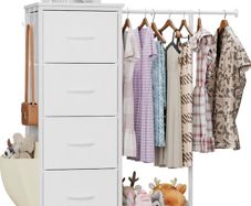 Chest of Drawers with Retractable Hanging Rail and 4 Fabric Drawers  Small Narrow Wardrobe for Bedroom, Hallway, Children's Room, Space-Saving Linen Cupboard with Shoe Shelf, White, 110cm High