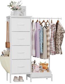 Chest of Drawers with Retractable Hanging Rail and 4 Fabric Drawers  Small Narrow Wardrobe for Bedroom, Hallway, Children's Room, Space-Saving Linen Cupboard with Shoe Shelf, White, 110cm High