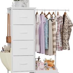 Chest of Drawers with Retractable Hanging Rail and 4 Fabric Drawers  Small Narrow Wardrobe for Bedroom, Hallway, Children's Room, Space-Saving Linen Cupboard with Shoe Shelf, White, 110cm High