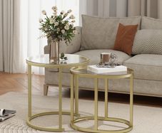 Modern Coffee Table Set of 2, Nest of Tables with Steel Frame and Tempered Glass Tabletop, Side Tables for Living Room Bedroom, Clear
