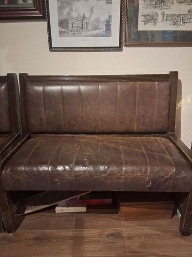 Vintage Solid Wood pub Leather Bench Seat Perfect for Bar or Man Cave