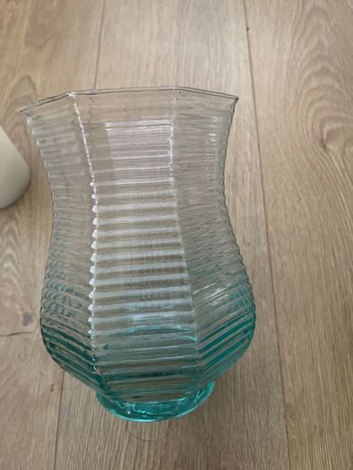 Large 8.5" tall flarred scalloped Aqua Glass Candle Holder or Vase with LED Candle