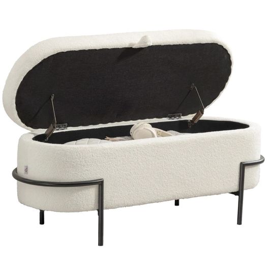 Storage stool, seat stool with lid and storage, steel legs, padded stool with fleece cover, Cream White