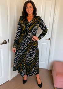 Elli White Zebra Print Midi Dress with Diamante Buckle  Size L UK14