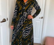 Elli White Zebra Print Midi Dress with Diamante Buckle  Size L UK14