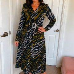 Elli White Zebra Print Midi Dress with Diamante Buckle  Size L UK14