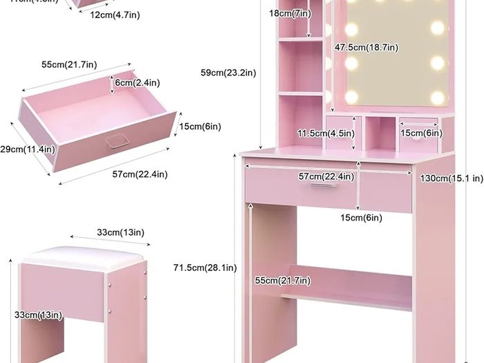 Dressing Table with Mirror and Stool, 10 LED Light Bulbs Vanity Desk with Storage Shelves & 3 Drawers, Kids Vanity Table and Chair Bedroom Furniture Girls Vanity Set 60cm Pink Makeup Desk
