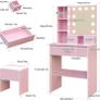 Dressing Table with Mirror and Stool, 10 LED Light Bulbs Vanity Desk with Storage Shelves & 3 Drawers, Kids Vanity Table and Chair Bedroom Furniture Girls Vanity Set 60cm Pink Makeup Desk Image 5