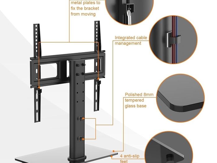 Universal Table Top Pedestal TV Stand for 26''-55'' LCD LED TVs, Height Adjustable TV Base Stand with Tempered Glass Base, Cable Management, Holds 45 KG & Max. VESA 400x400mm