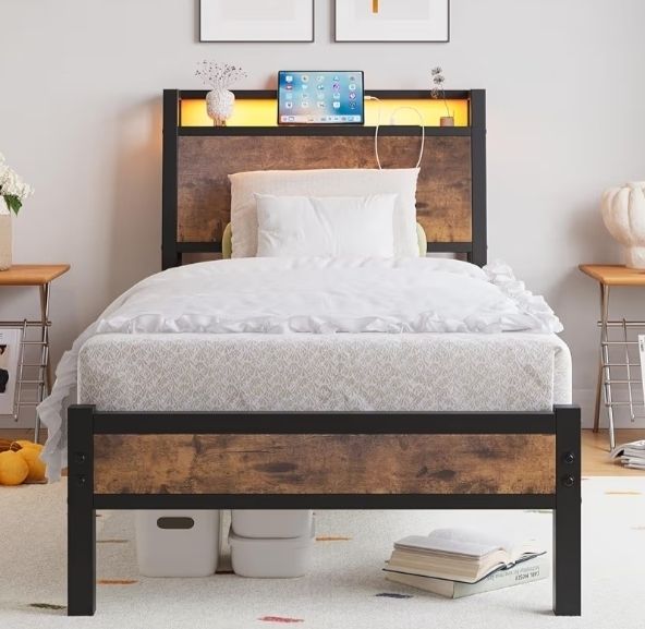 3ft Single Bed Frame with Charging Station and LED Lights, Wood Headboard with Storage Shelves, Heavy Duty Metal Slats, No Box Spring Needed, Noise Free, Easy Assembly,Black