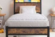 3ft Single Bed Frame with Charging Station and LED Lights, Wood Headboard with Storage Shelves, Heavy Duty Metal Slats, No Box Spring Needed, Noise Free, Easy Assembly,Black