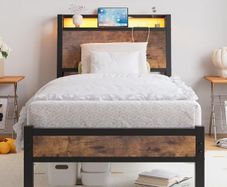 3ft Single Bed Frame with Charging Station and LED Lights, Wood Headboard with Storage Shelves, Heavy Duty Metal Slats, No Box Spring Needed, Noise Free, Easy Assembly,Black