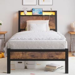 3ft Single Bed Frame with Charging Station and LED Lights, Wood Headboard with Storage Shelves, Heavy Duty Metal Slats, No Box Spring Needed, Noise Free, Easy Assembly,Black