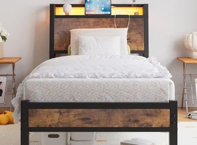 3ft Single Bed Frame with Charging Station and LED Lights, Wood Headboard with Storage Shelves, Heavy Duty Metal Slats, No Box Spring Needed, Noise Free, Easy Assembly,Black
