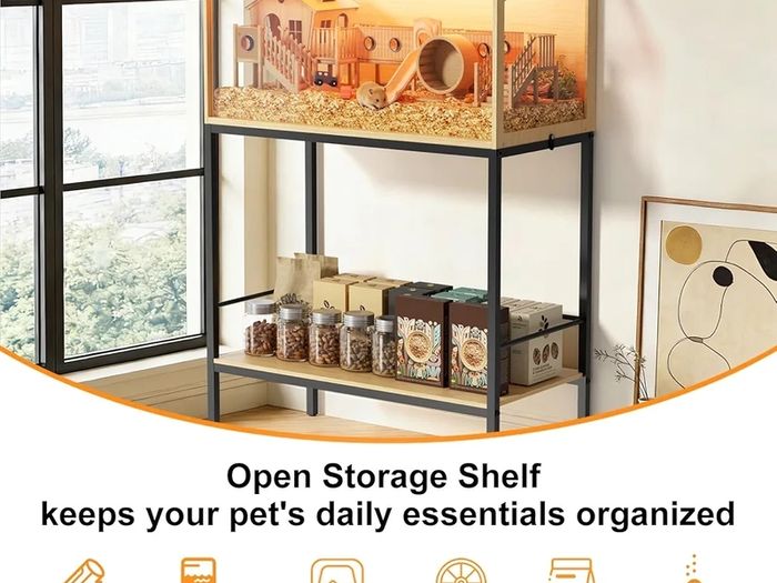 BingoPaw Wood Hamster Cage Chewproof Large Hamster Cages with Storage Shelf, Glass Panels, Ventilation Holes, Built-in LED Light, for Small Pets, Guinea Pig (80 / 40 / 40cm)