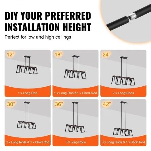 4-Light Kitchen Island Pendant Lights, 60W, Adjustable Dining Room Light Fixture with 2 x 6" and 6 x 12" Rods, Industrial Metal Frame Farmhouse Linear Chandeliers Lighting for Dining Room, E27