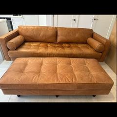 Tan 100% Leather Ottoman - Scott