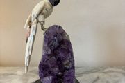 Luxury Hand-Carved White Gemstone Cockatoo Parrot on Vibrant Amethyst Crystal Geode