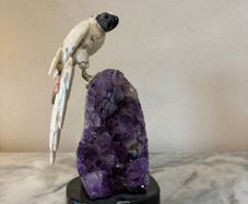 Luxury Hand-Carved White Gemstone Cockatoo Parrot on Vibrant Amethyst Crystal Geode