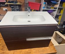 Bathroom Vanity Unit, Mirror, Storage Unit, Shower Screen, Towel Rail & Toilet