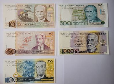 Brazil  10-1000 Cruzeiros 1987-1989  5 notes