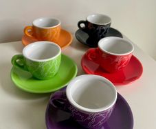 Bialetti Espresso Cup and Saucer Set 5 Piece Colourful Set Brand New